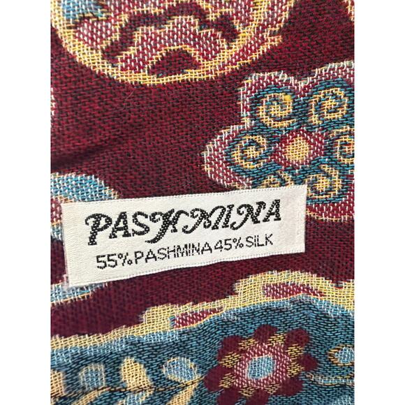 Red Gold Reversible Silk Blend Pashmina Scarf Shawl 67x27” Paisley Mixed Media - Picture 2 of 8